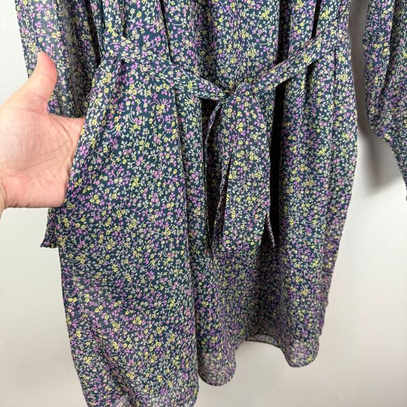 Boden Smocked Yoke Mini Dress Women's 20 Blue Pleated Tie Belt Cuff Sleeve Boho - Picture 8 of 10